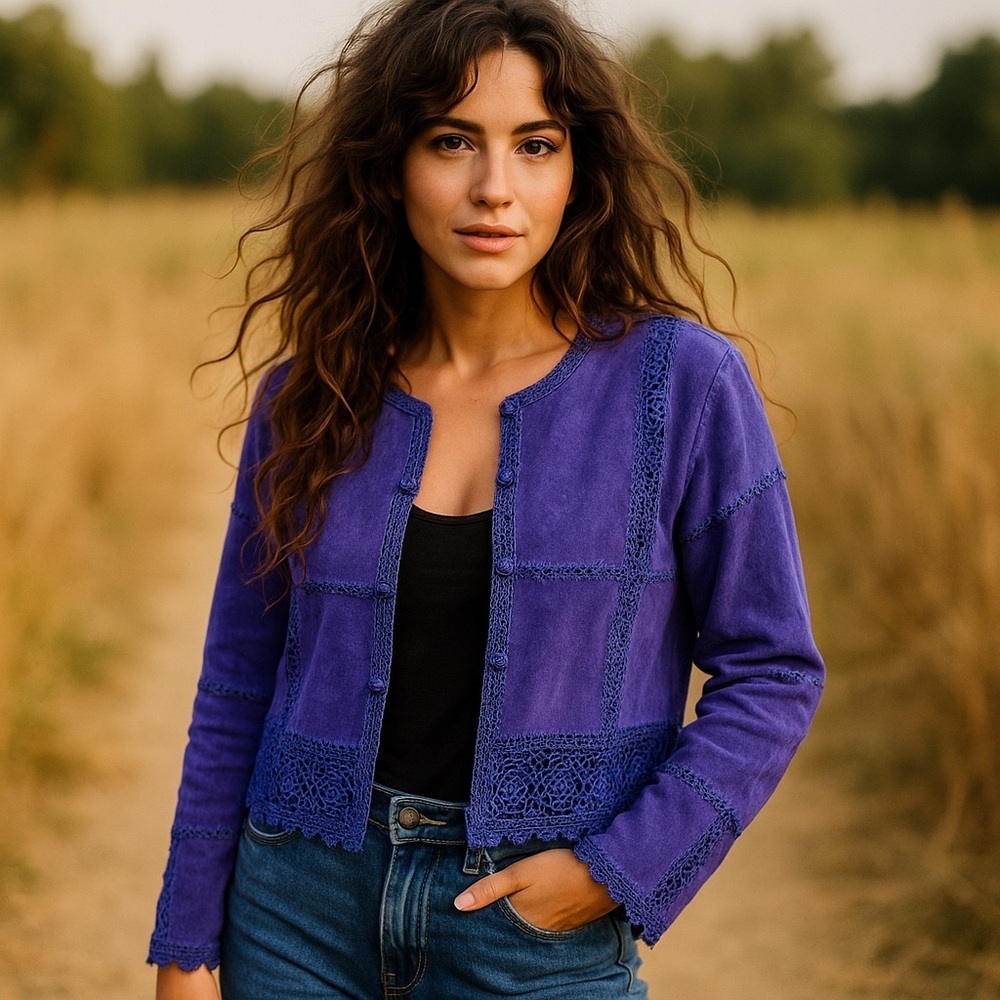 SMH Boutique Purple Suede Patchwork Crochet Jacket Boho Western Size Large